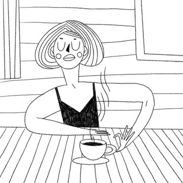 Graphic Illustration Black and White of a Woman sitting with her Coffee