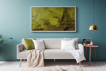Beautiful Clean Mid Century Modern Living Room Interior with blue and sage moss green accent color pop of color color block colorful white couch mockup frame wood accents made with Generative Ai
