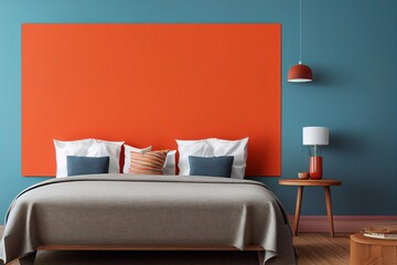 Beautiful Clean Mid Century Modern Living Primary Bedroom Interior with blue and orange accent color pop of color color block colorful mockup wood accents made with Generative Ai
