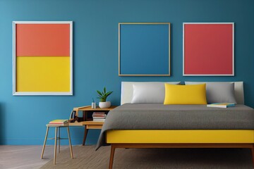 Mid Century Modern LGBTQIA+ Primary Bedroom color lock rainbow interior fun colorful mockup minimal furniture Made with Generative Ai 