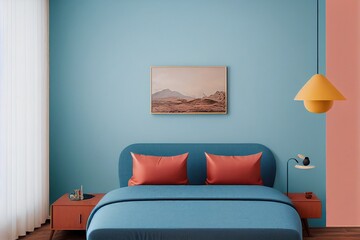 Beautiful Clean Mid Century Modern Living Primary Bedroom Interior with blue and orange accent color pop of color color block colorful mockup wood accents made with Generative Ai