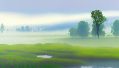 Misty Morning Meadows Scene. Generative AI.