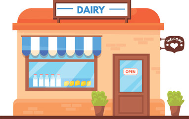 Dairy store facade. Cartoon grocery shop building