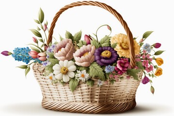 Obraz premium Wicker basket with beautiful flowers, spring festival. Generative AI
