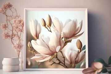 Beautiful magnolia flower, frame, springtime scenery, pastel color, soft focus, spring floral background. Generative AI