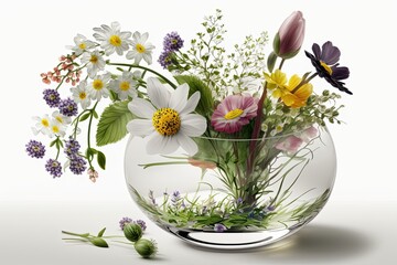 Bouquet of fresh beautiful flowers in a glass vase on a white background. Generative AI