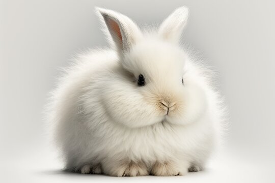 White fluffy rabbit. White background. Generative AI