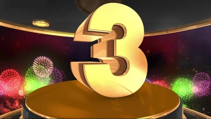 3rd birthday animation in gold with fireworks background, 
Animated 3 years Birthday Wishes in 4K