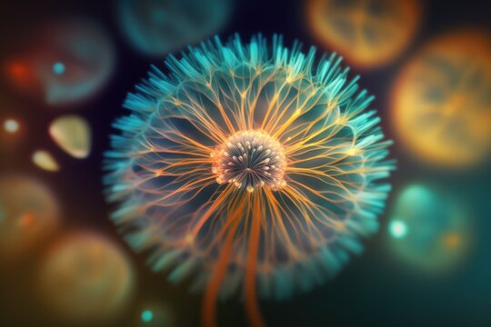 A vividly colored pastel background is contrasted with an abstract dandelion flower that is shot up close and softly focused. The depth of field is also extremely shallow. Generative AI