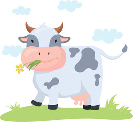 Happy cow eating grass on meadow. Cartoon smiling animal