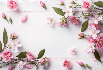 Spring flowers. Pink flowers on white wooden background 