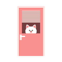 Cute cat behind a door. Cat cartoon vector. Pink Door.