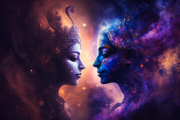The Enchanting Love of Radha Krishna in a Fantasy Land. Generative AI - obrazy, fototapety, plakaty