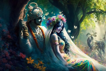 Fototapeta na wymiar The Love of Radha and Krishna in a Magical Realm. Generative AI