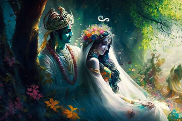 The Love of Radha and Krishna in a Magical Realm. Generative AI - obrazy, fototapety, plakaty