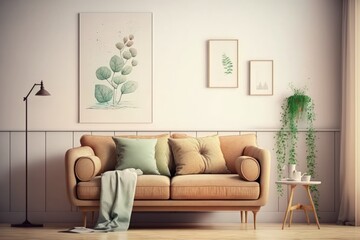 Beige couch standing against white wall with molding and watercolor poster in cozy living room interior. Generative AI