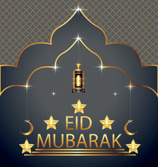 Eid Mubarak Arabic Islamic Elegant Black and Golden Luxury Ornamental Background with Islamic Pattern and Decorative Lantern Ornament Border Frame