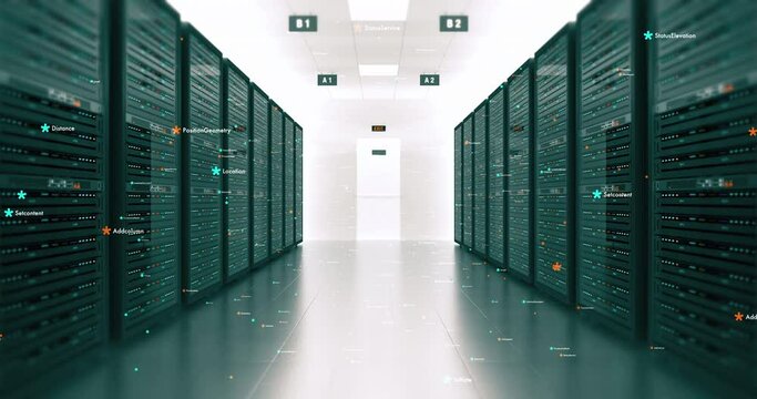 Modern digital server room. Fiber optic cables network. Flickering lights. Artificial intelligence computers.