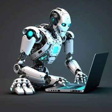 AI Learning and Artificial Intelligence. Futuristic robot working with laptop for coding or developing business and technology internet, generative ai