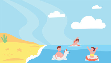 Obraz na płótnie Canvas Kids swimming in beach coast water. Summer scene