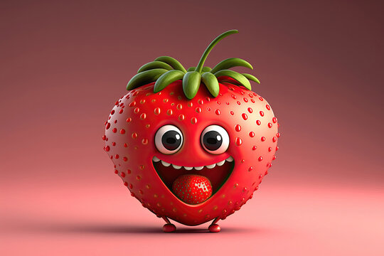Cute 3D cartoon of strawberry character. Generative AI