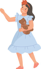 Cute little girl with teddy bear. Kid in white dress