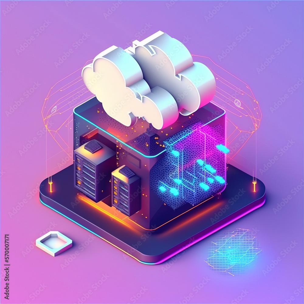 Poster downloading an isometric from the cloud. a digital service or application that sends data. technolog