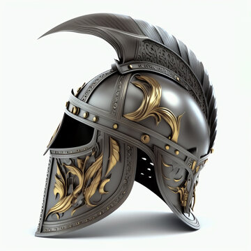 Armor Warrior Helmet Design, Metallic And Shiny, Isolated On White Background.