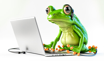 A green frog works at home on his laptop. Nice mascot and perfect image for a multitude of graphic uses. Generative AI
