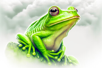 Little green frog hopping around in a cloudy sky, charming mascot and ideal illustration for a variety of projects. Generative AI - obrazy, fototapety, plakaty