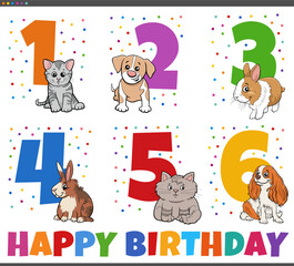 birthday greeting cards set with cartoon pets animal characters
