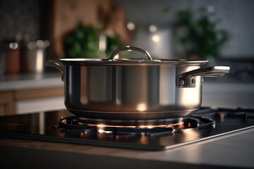 metallic shiny saucepan on the stove on the background of a blurred image of the kitchen. Generative AI. 
