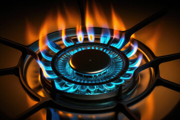 burning burner of a working gas stove. blue fuel. eco. Gas burner flame at gas stove. Generative AI