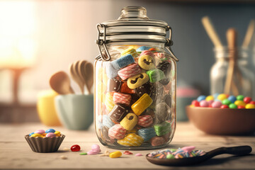 sweets in a glass jar on a wooden table against the background of a blur image of the kitchen. Generative AI. 