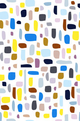 Minimalistic Seamless Patterns. Multicolored bright cheerful rectangles and stripes on the white background. Suitable for printing on stationery, paper, wallpaper, fabric, curtains, interiors.