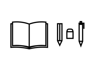 開いた手帳と筆記用具セット：黒線