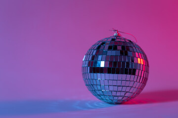 Disco ball in neon lighting isolated, concept of party, disco and dancing, copy space.