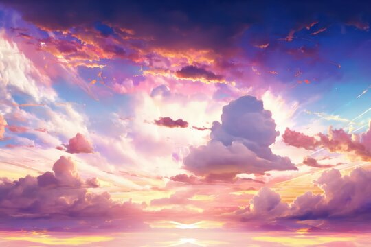 Mountain with fantasy sky view, Fantasy sky view in digital art style, Illustration painting, Colourful sky view with cloudy, Magic sky in fantasy theme, Generative AI.