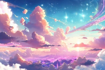 Beautiful sky cloud and sunset view with digital art style, Sunset with beautiful glowing flare light, Colourful cloudy, Fantasy sky, Digital art style, Illustration painting, Generative AI. 