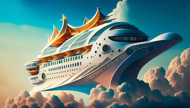 A model of a flying luxury cruise ship in the air.  Generative AI.