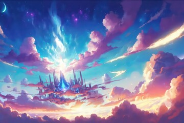 Fantasy sky city, Fantasy sky castle, Fantasy sky town, Beautiful fantasy sky view, Beautiful gorgeous sky with sunset light, Digital art style, Illustration painting, Generative AI.
