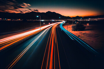 Obraz premium A long exposure photo of a highway at night. Generative AI.
