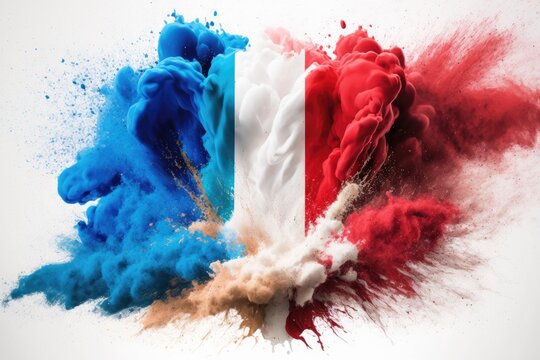 Colorful french flag blue white red color holi paint powder explosion isolated background. france europe celebration soccer travel tourism concept, Generative AI