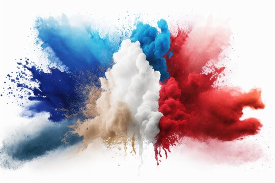 Colorful french flag blue white red color holi paint powder explosion isolated background. france europe celebration soccer travel tourism concept, Generative AI