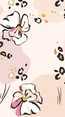 Trendy template for social networks, stories and posts, abstract leopard spots and plant leaves. Pink background for stories. Frame, Mockup for advertising. Background design for social networks