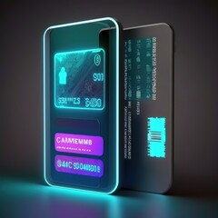 
Smart wallet concept with credit or debit card payment application on smartphone screen. A neon key, generative ai
