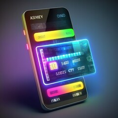 
Smart wallet concept with credit or debit card payment application on smartphone screen. A neon key, generative ai