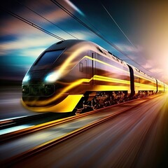 Naklejka premium trains zooming by at high speeds illuminate the intercity rail. futuristic digital technology and train logistics, generative ai