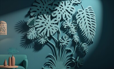 Background for minimal product placement of a palm shadow on a blue plaster wall. elegant interior architectural design. Bohemian living room for a mockup of a product platform. Generative AI