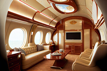 Fototapeta premium Luxury interior in the modern business jet. Generative AI.